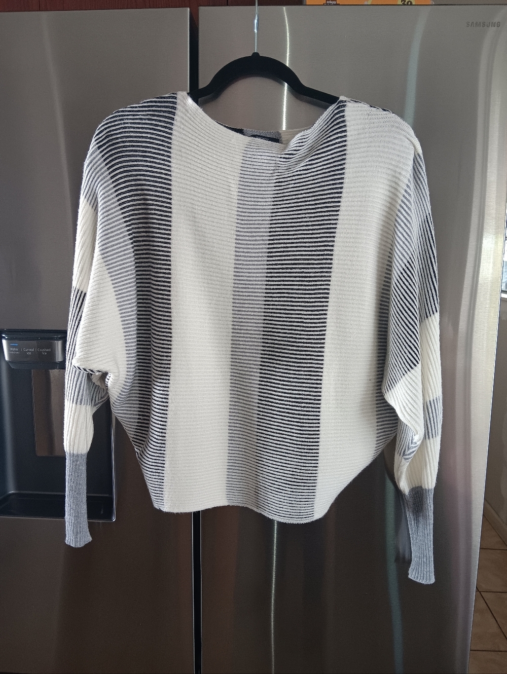 Tahari Cream and Gray Striped Rib-Knit Crewneck Sweater